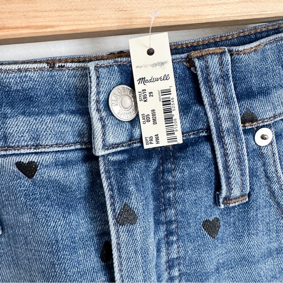 • NWT! • Madewell mid wash denim mini skirt with black hearts print - Picture 3 of 6